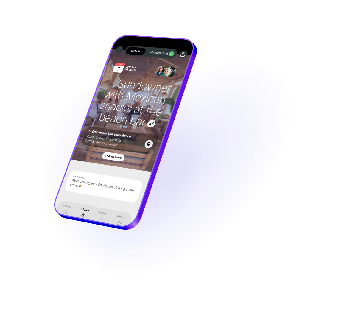 mobile device with app screen of a planned meetup with friends